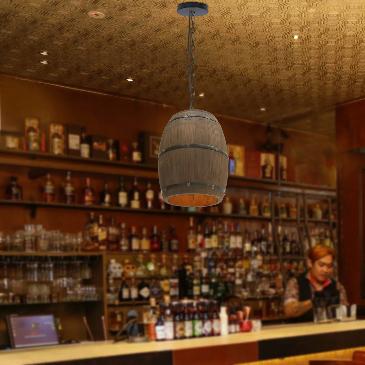 Retro Wood Wine Barrel Pendant Light，Industrial Ceiling Lamp ，Vintage Chandelier Light Fixtures for Bar Cafe Home Restaurant