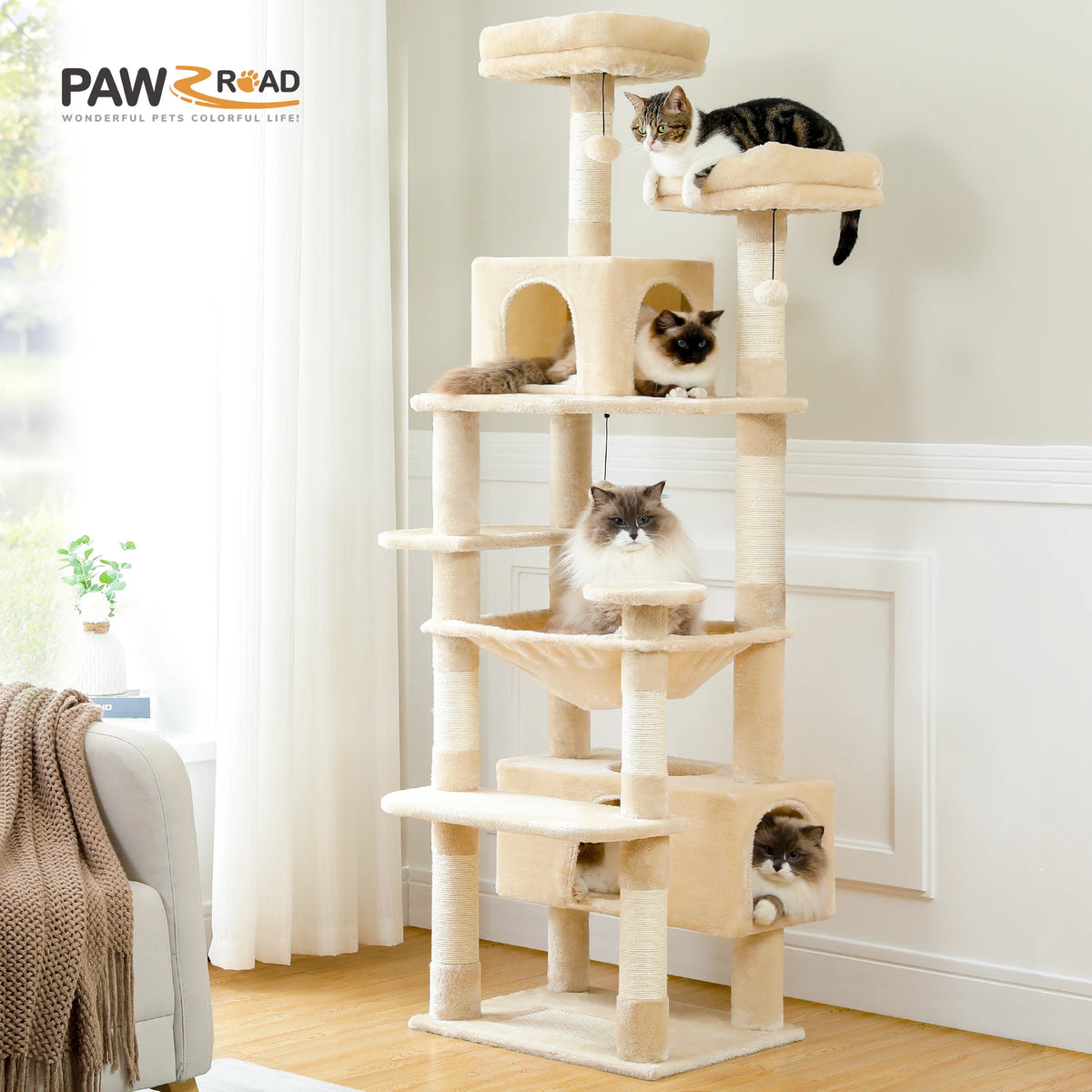 Large Cat Tree and Tower for Indoor Cats With Sisal-Covered Scratching Posts Spacious Hammock Padded Perches and Condos Cat Toys