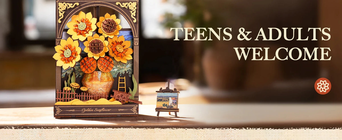 ROKR Wooden Flower Golden Sunflower Building Sets for Adult with Lights TH002, Van Gogh Wall Art Crafts, Painting Frame Room Decor, Valentine's Day/Anniversary/Birthday Gifts for Women, 266PCS