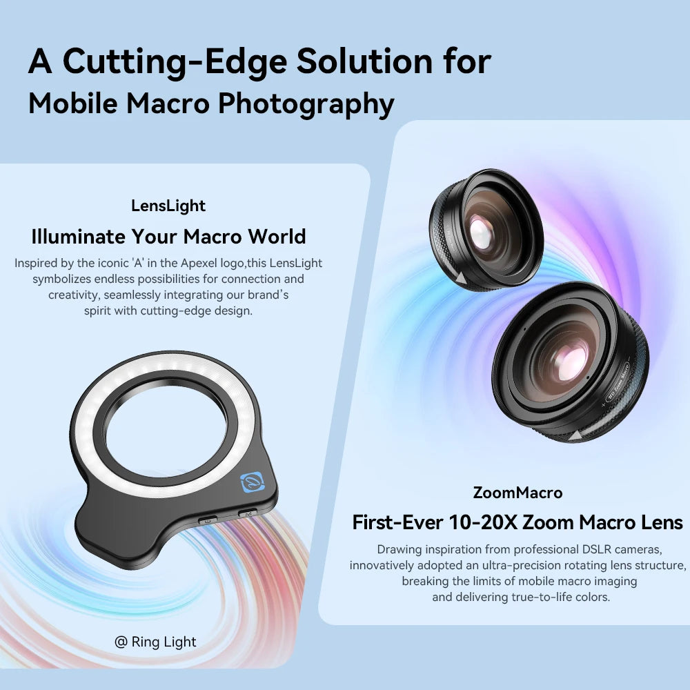 APEXEL 10-20X Zoom Macro Lens With LED Fill Light HD Micro Phone Camera Lenses Support Eye Macro Photography for iPhone Samsung Xiaomi Huawei Oppoand All Smartphones