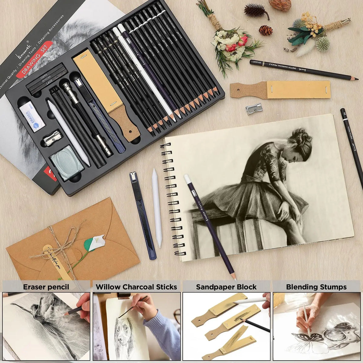Professional Charcoal Pencils, 26 Pack Sketching Set with Blending, Art Supplies for Drawing Shading, for Adults & Students