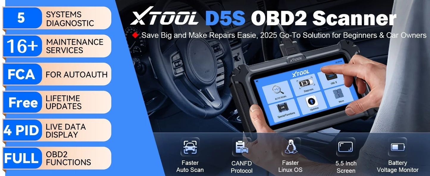 XTOOL D5S Car Diagnostic Tool 5 System Automatic OBD2 Scanner 4-IN-1 Live Data with 16+ Reset Functions with CANFD FCA Protocol Lifetime Free Update