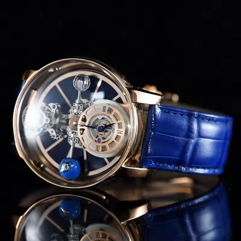 PINDU Design Man Wristwatch Transparent Hollow Design Celestial Roulette Quartz Watches Water Resistant Leather Men's Watch Box