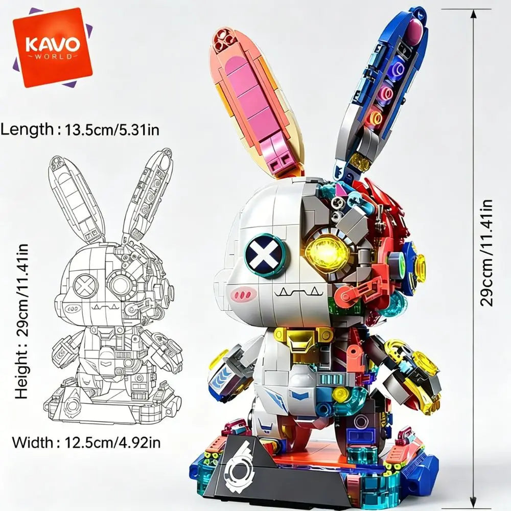KAVOWORLD 1377pcs Mecha Technical Rabbit Building Blocks Set Cyber Bunny Model Kit Mechanical Animal Building Bricks Robot Bunny Figure Cyborg Toy Tech Bunny LED Light Up Glow in Dark Collectible Display Posable Joints DIY As