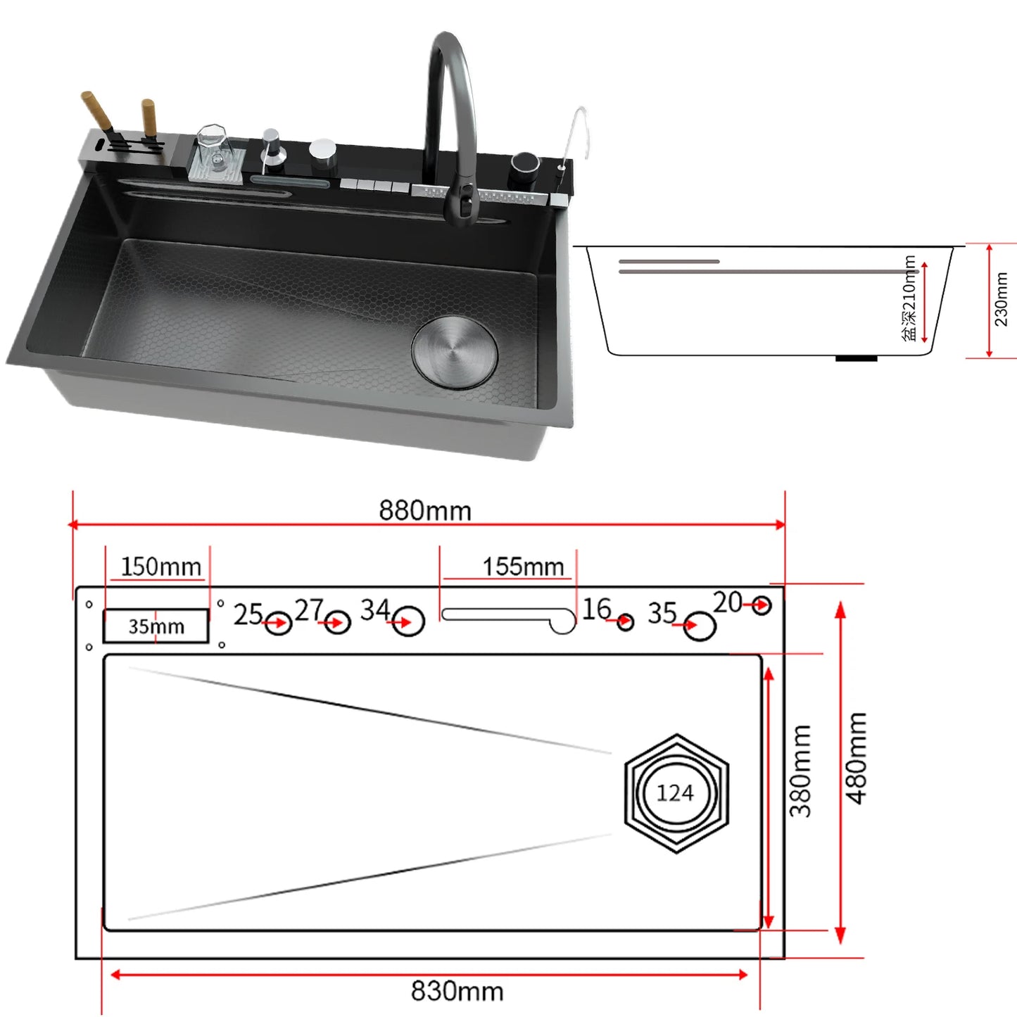 Stainless Steel Kitchen Sink Multifunctional Digital Display Waterfall Large Single Slot Ships from the U.S.