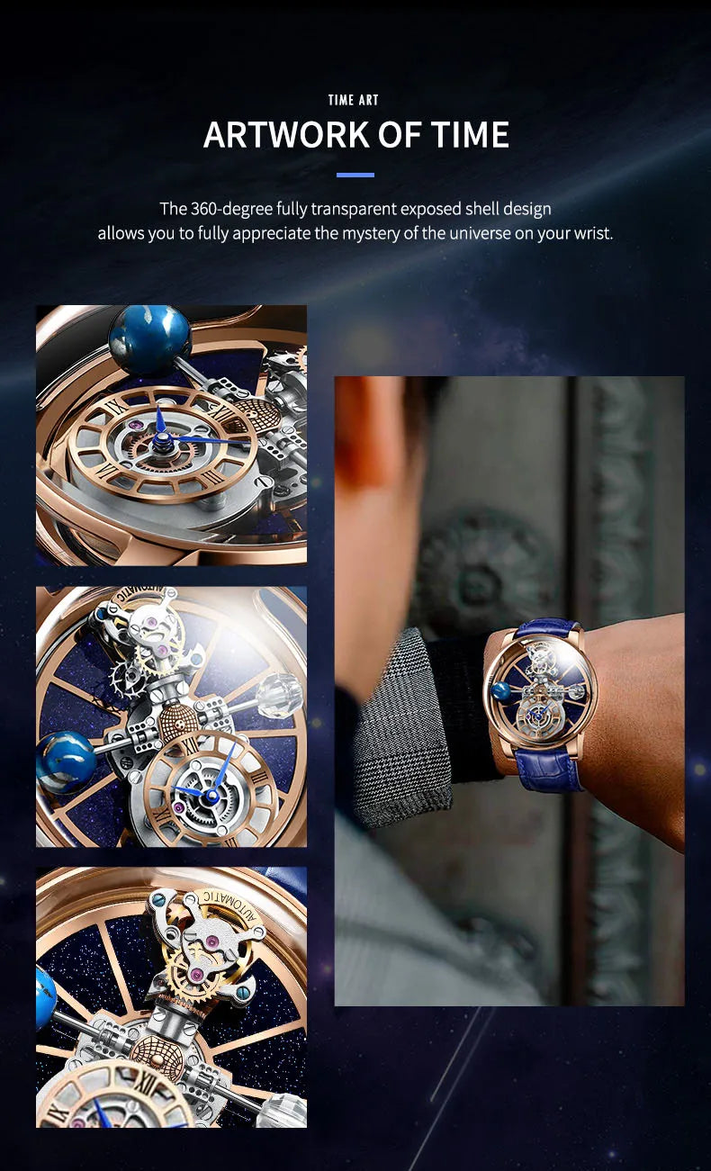 PINDU Design Man Wristwatch Transparent Hollow Design Celestial Roulette Quartz Watches Water Resistant Leather Men's Watch Box