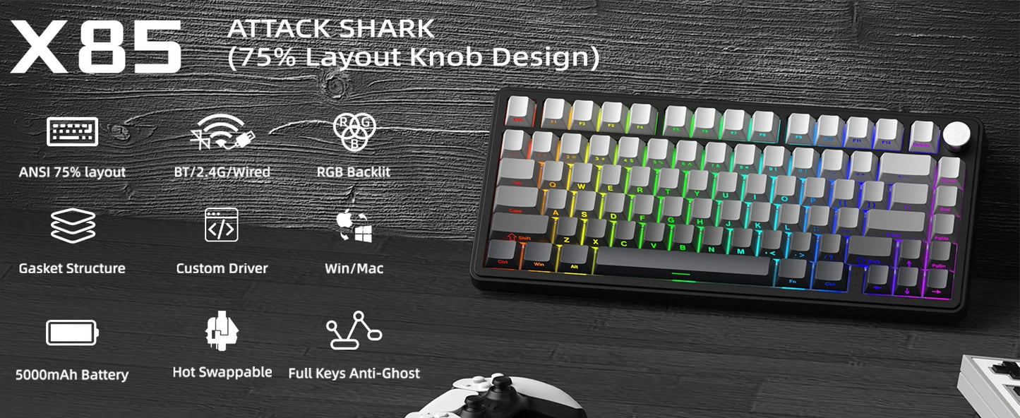 ATTACK SHARK X85 Wireless Mechanical Gaming Keyboard,TKL 82 Keys,Gasket Structure,Knob,RGB Hot Swappable Custom Keyboard