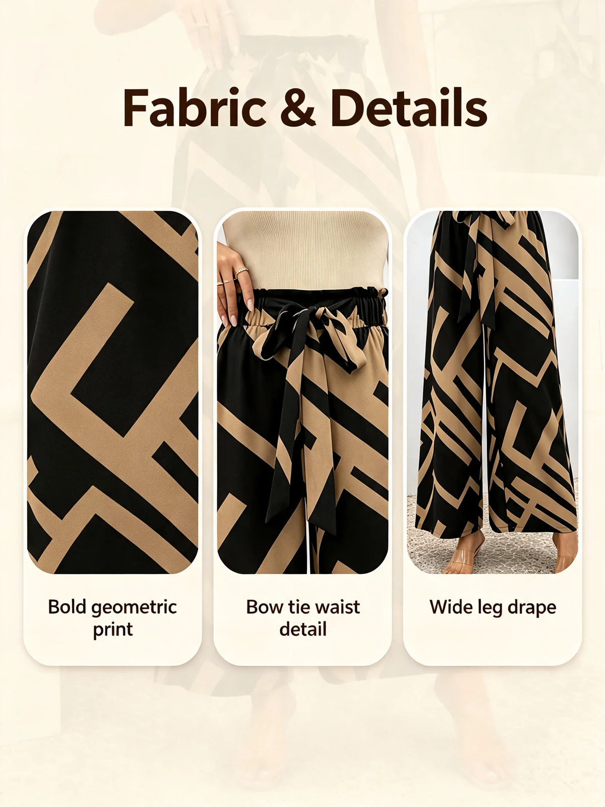 Women's High Waist Geometric Print Wide Leg Pants Bow Tie Casual Long Pants Elegant Streetwear