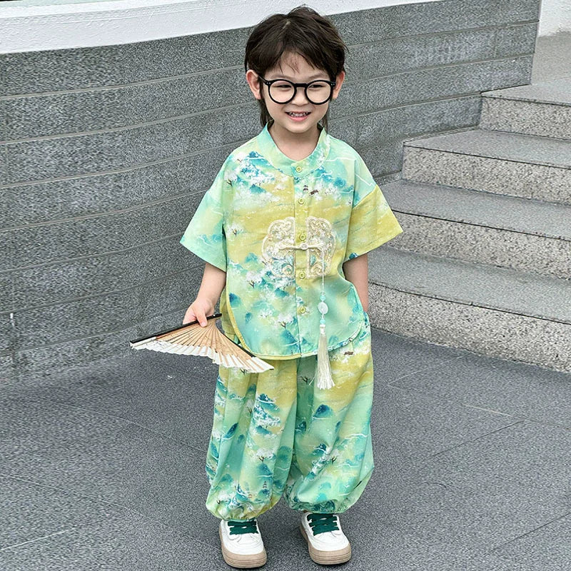 Fashion Baby Tang Costume Tops Pants Two-piece Set Boy Outfit Casual Children's Sets Summer Tweens Boys Hanfu Suit Kids Clothing