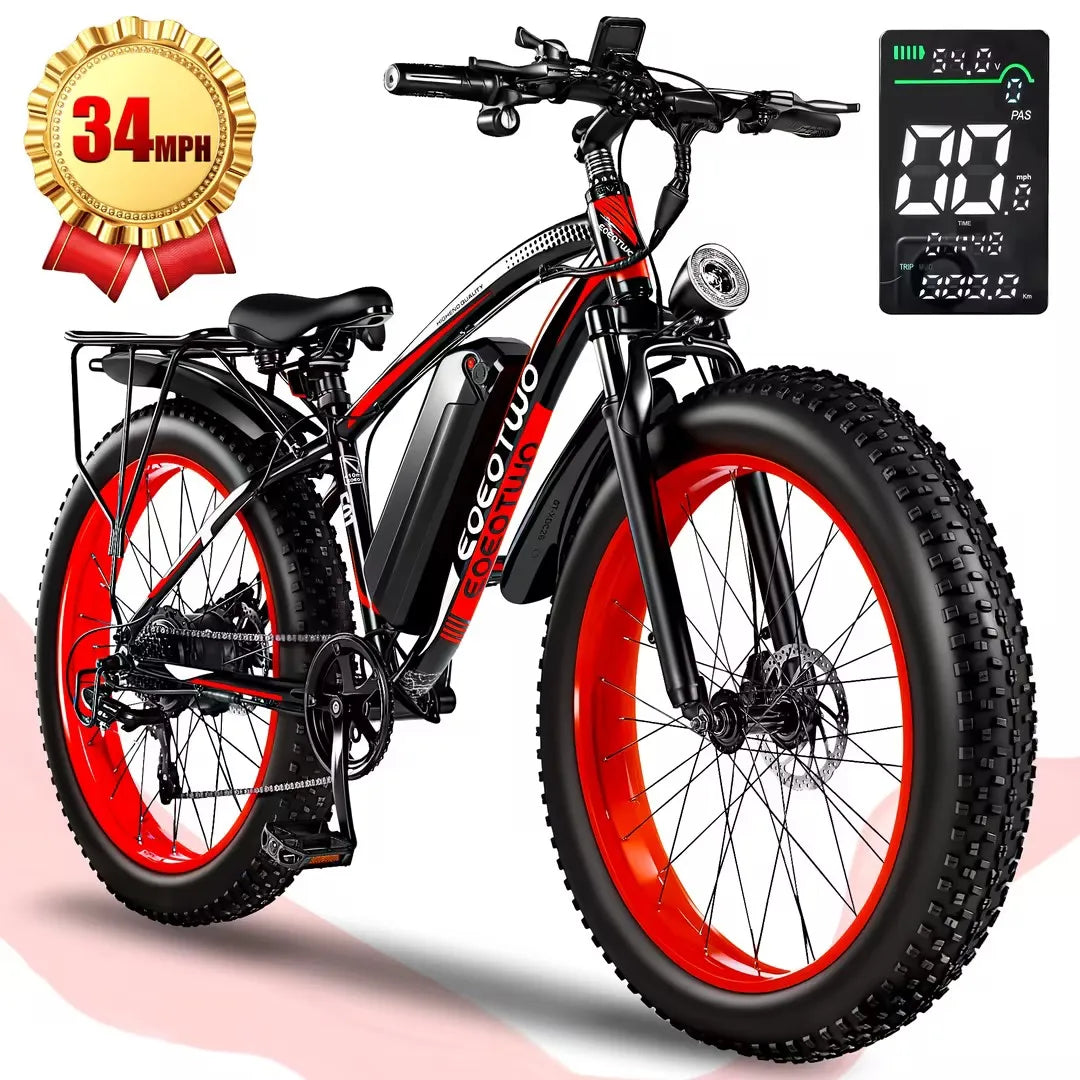 EOEOTWO 26" Fat Tire Electric Bike for Adults, 1000W Motor 1500W Peak, 48V 15Ah Battery, 34 MPH Max Speed, Up to 60 Miles Long Range
