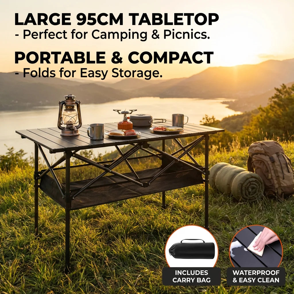 Portable Folding Outdoor Table, 95cm/120cm Lightweight Camping Table with Mesh Storage Shelf, Waterproof Scratch-Resistant Top, Carry Bag Included for Picnic, Beach & RV