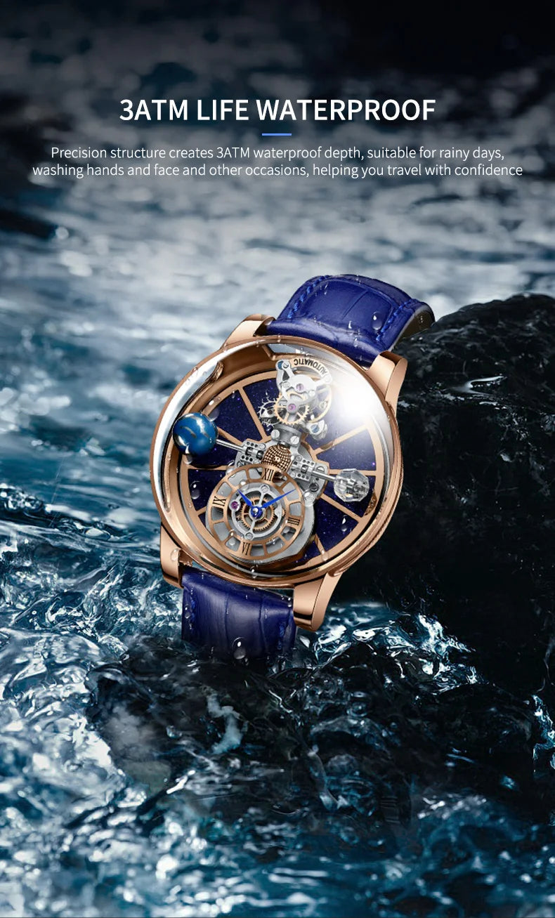 PINDU Design Man Wristwatch Transparent Hollow Design Celestial Roulette Quartz Watches Water Resistant Leather Men's Watch Box