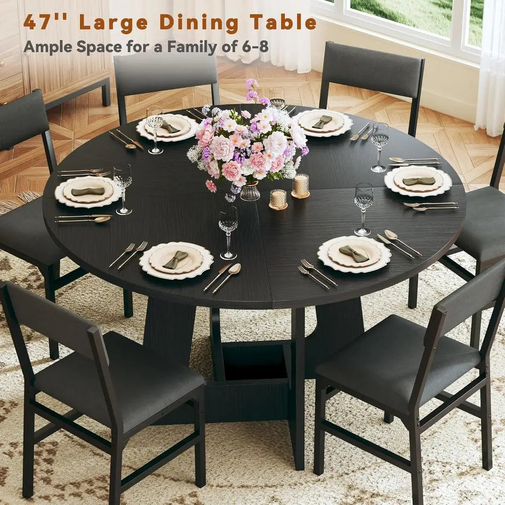 6-7 Piece Dining Set, 47 Round Table with Chairs, Space-Saving Wood Base for Kitchen & Living Room, Black