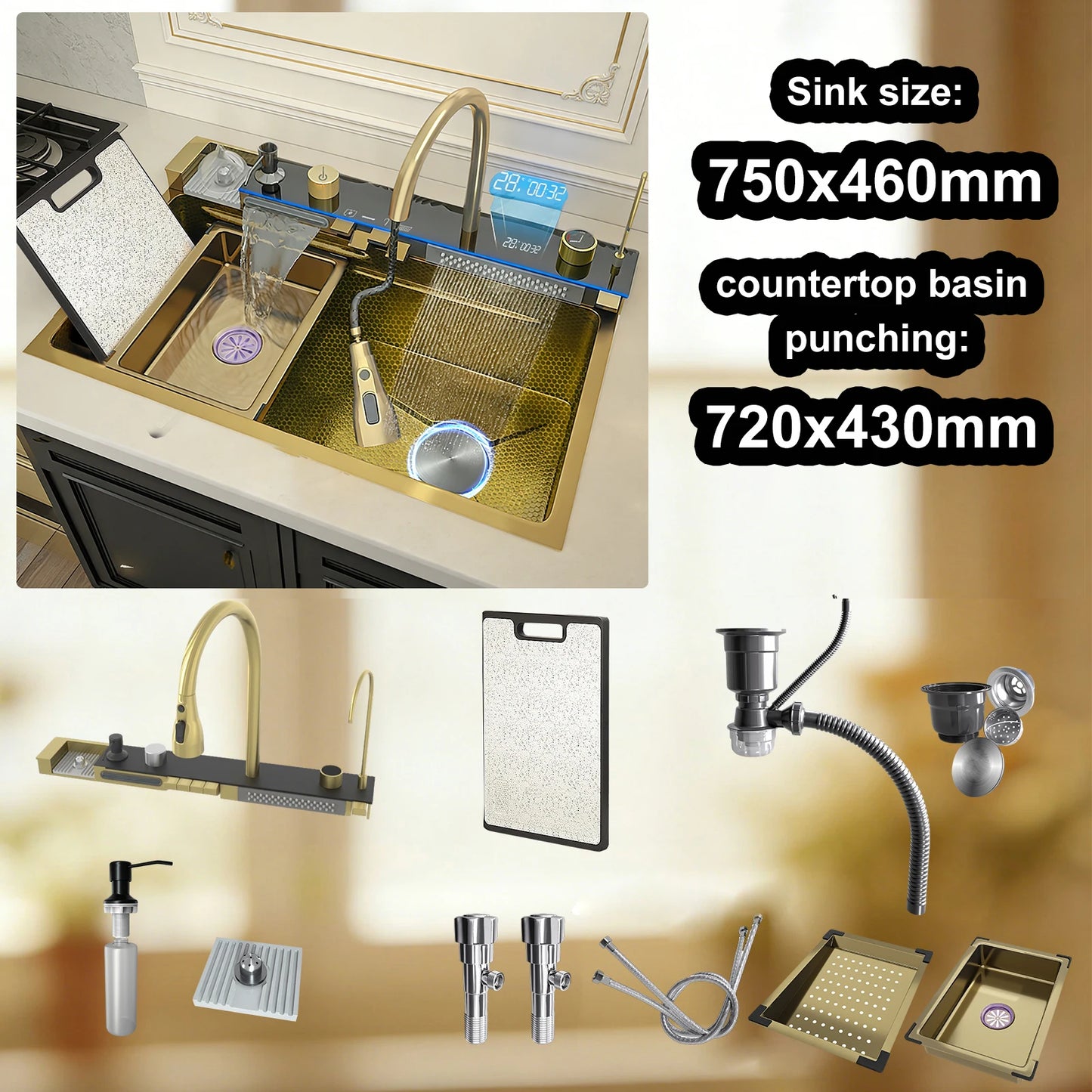Stainless Steel Kitchen Sink Multifunctional Digital Display Waterfall Large Single Slot Ships from the U.S.