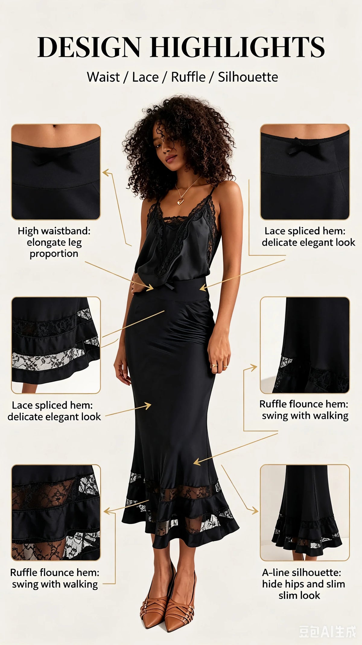Elegant Satin Ruffle Hem A-Line Long Skirt