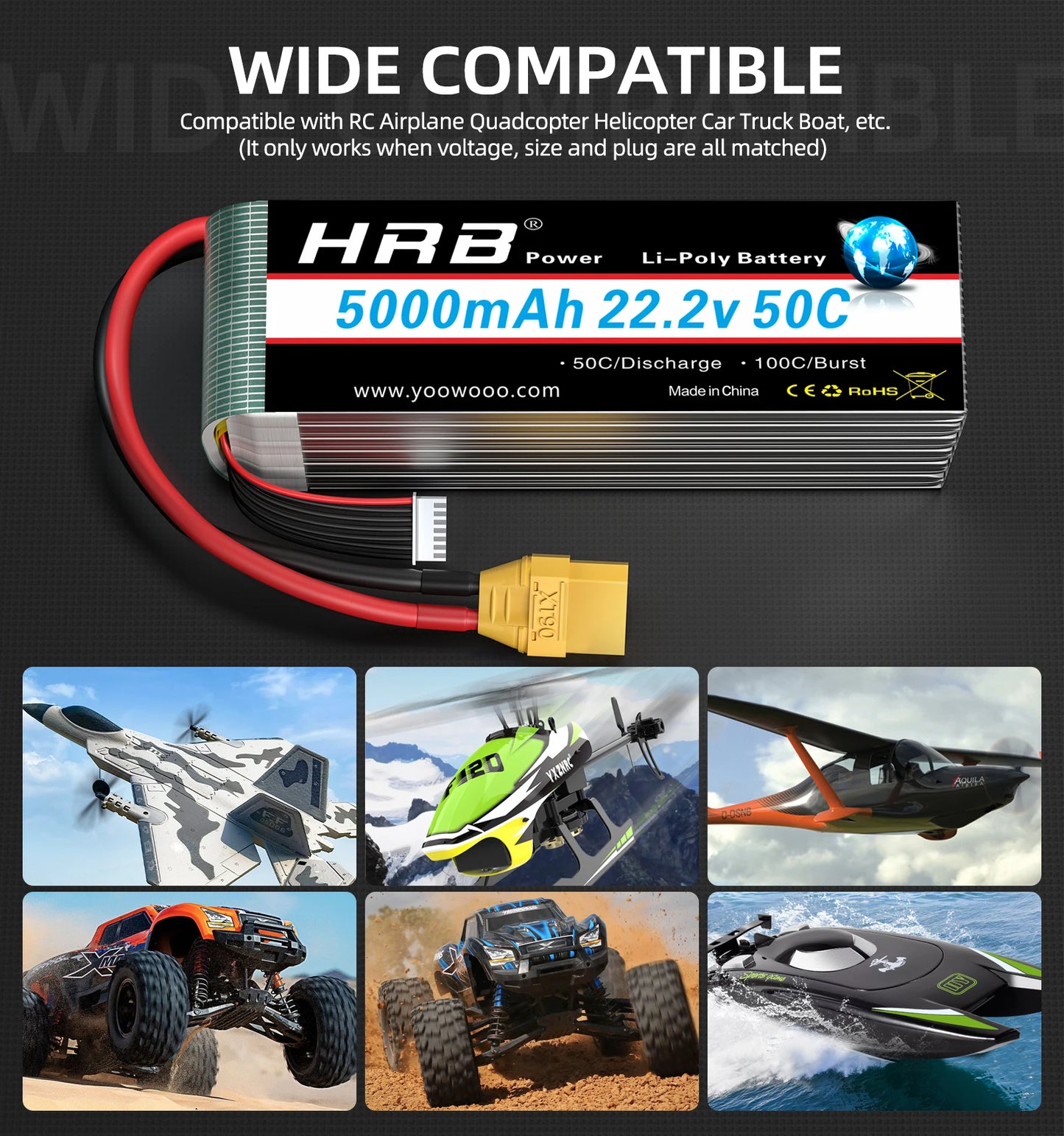 1/2PCS HRB 6S Lipo Battery 22.2V 5000mah Drone Battery 50C With XT90 Connector for Quadcopter AirplaneRC Car Monster RC Drone