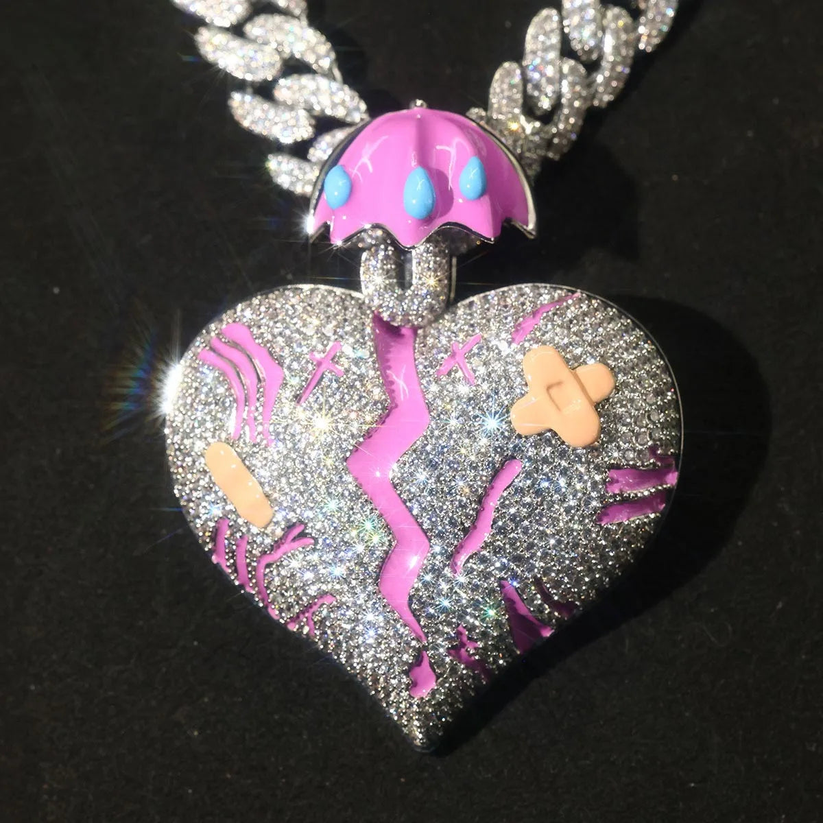 18K Gold Plated Broken Heart Charm Hip Hop Cuban Chain Necklace Iced Out Broken Heart Umbrella Tears Pendant Full Paved CZ For Rapper Street Style Club Party Daily Wear Emotional Statement Accessory Trendy Gift Y2K Sad Healin