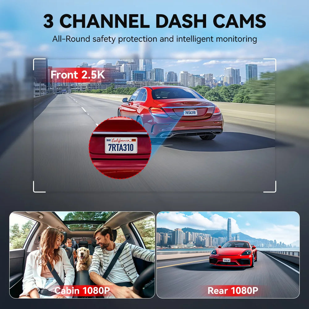 REDTIGER A3  3 Cameras Front/Cabin/Rear Cam Dash Cam Dash Camera Built-in 5.8Ghz WiFi GPS Car DVR Night Vision Parking Monitor