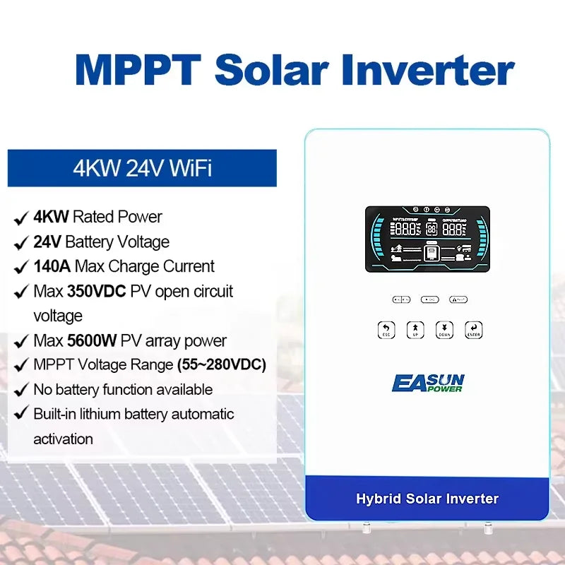 EASUN POWER hybrid Soalr Inverter 4KW MPPT 140A 350VDC PV Input 110VAC 24VDC 4000W Pure Sine Wave 6.25 Inch LCD Display Household for US