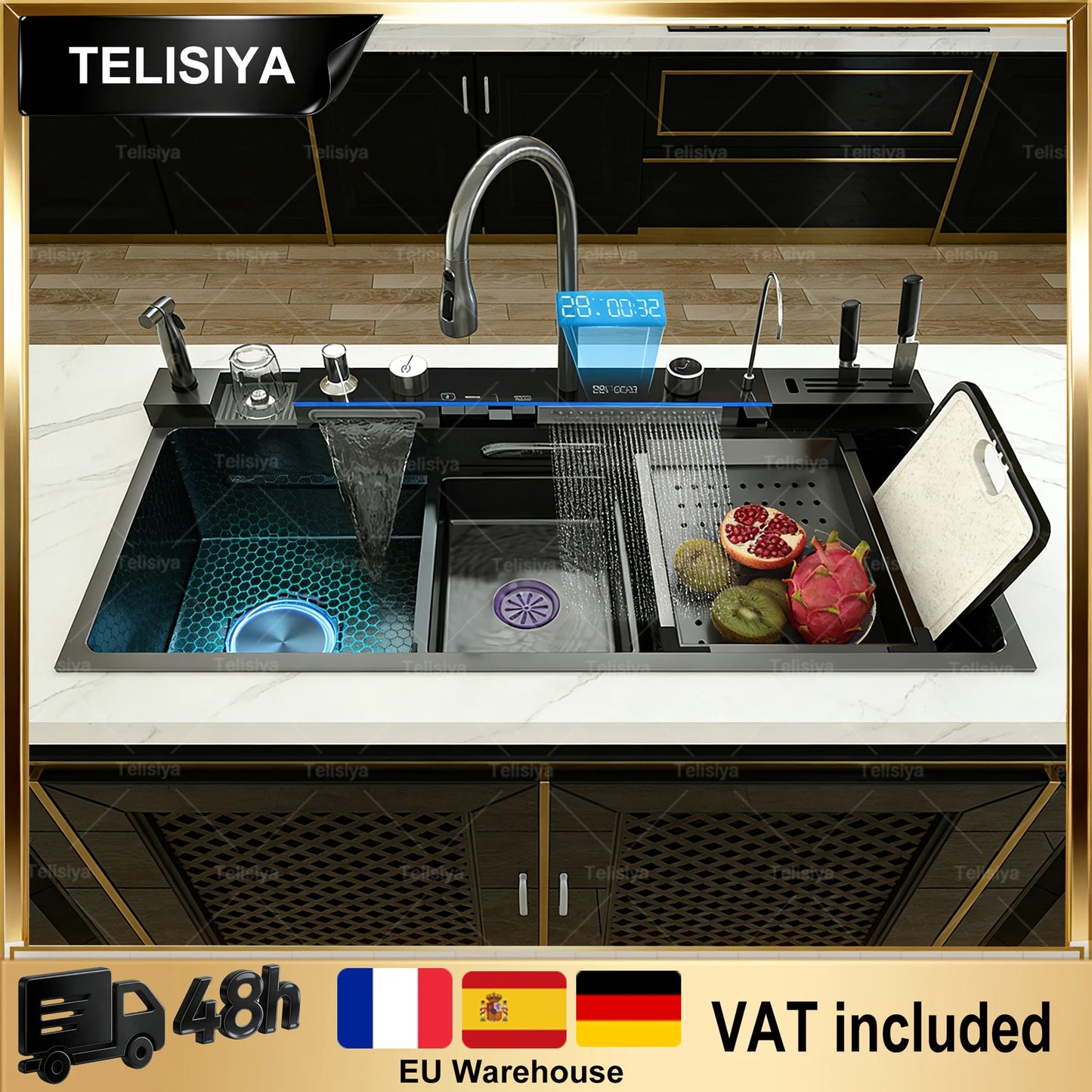 Stainless Steel Kitchen Sink Multifunctional Digital Display Waterfall Large Single Slot Ships from the U.S.