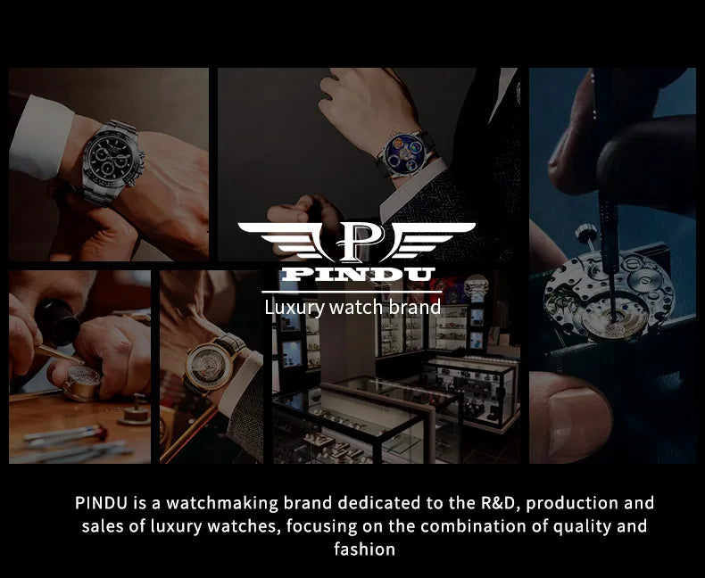 PINDU Design Man Wristwatch Transparent Hollow Design Celestial Roulette Quartz Watches Water Resistant Leather Men's Watch Box