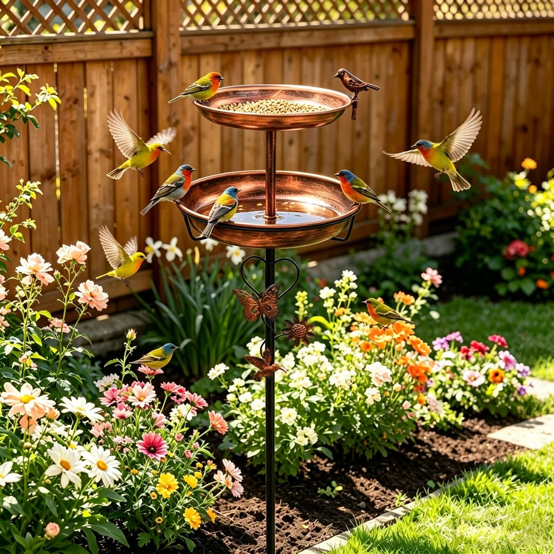 Outdoor Double-Layer Bird Feeder Birdbaths Bowl Freestanding Bird Bath Stand for Garden Yard Patio Decor with 5-Pronged Base