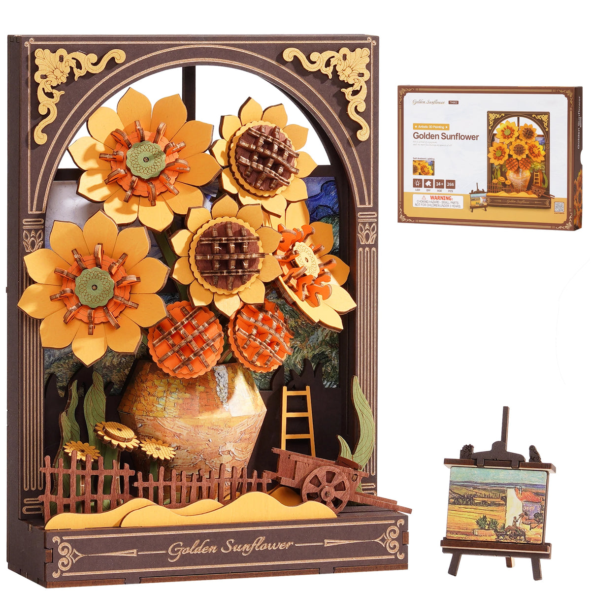 ROKR Wooden Flower Golden Sunflower Building Sets for Adult with Lights TH002, Van Gogh Wall Art Crafts, Painting Frame Room Decor, Valentine's Day/Anniversary/Birthday Gifts for Women, 266PCS