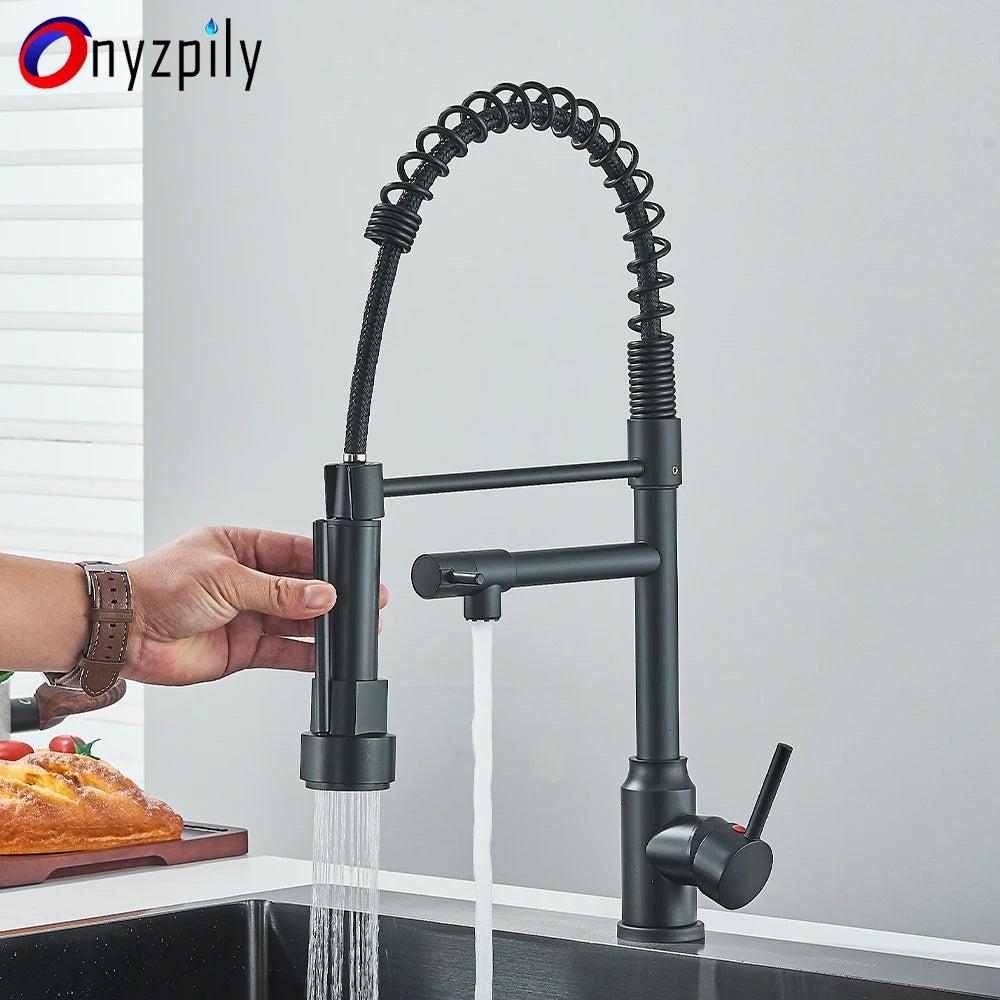 Black Spring Pull Down Stainless Steel Kitchen Sink Faucet Hot Cold Water Mixer Crane Tap with Dual Spout 360° Rotation Faucet
