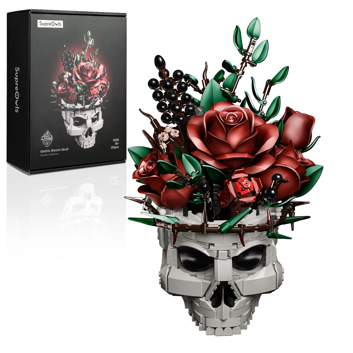 SupreOwls Skull Flowers Building Blocks Set Gothic Roses Bouquet Toy Skeleton Planter Pot Floral Decor Collection Gift for Adult