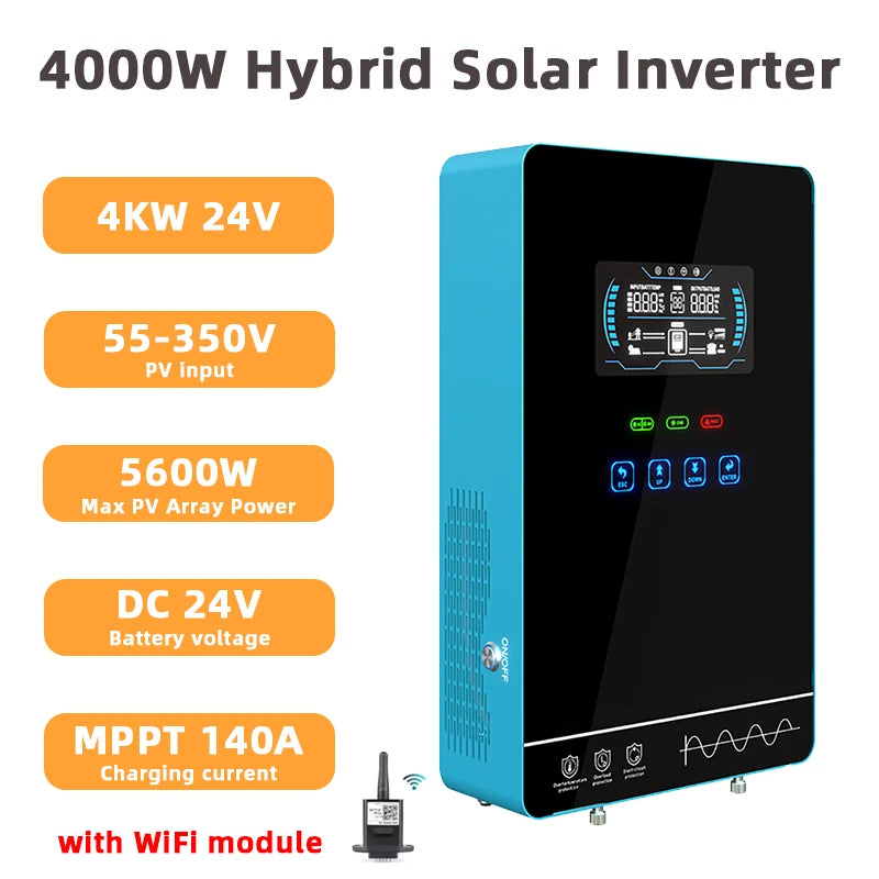 Y&H 4KW Hybrid Solar Inverter 24V 110V Pure Sine Wave Battery-Free Starting Built MPPT 140A Solar Charger Solar System BMS/WiFi