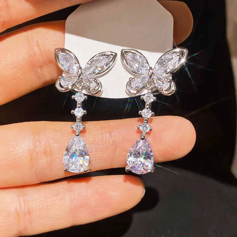 OXTAO Sweet Butterfly-Style Moissanite&CZ Earrings for Women Girl Lab Imitation Diamond Tassels Drop Earrings Jewelry Gifts 14K Gold Filled
