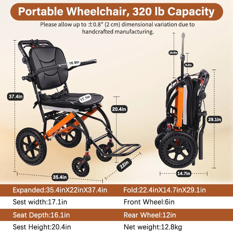 Premium Lightweight Transport Wheelchair for Seniors & Adults, Ergonomic Folding Travel Wheelchair with Adjustable Caregiver