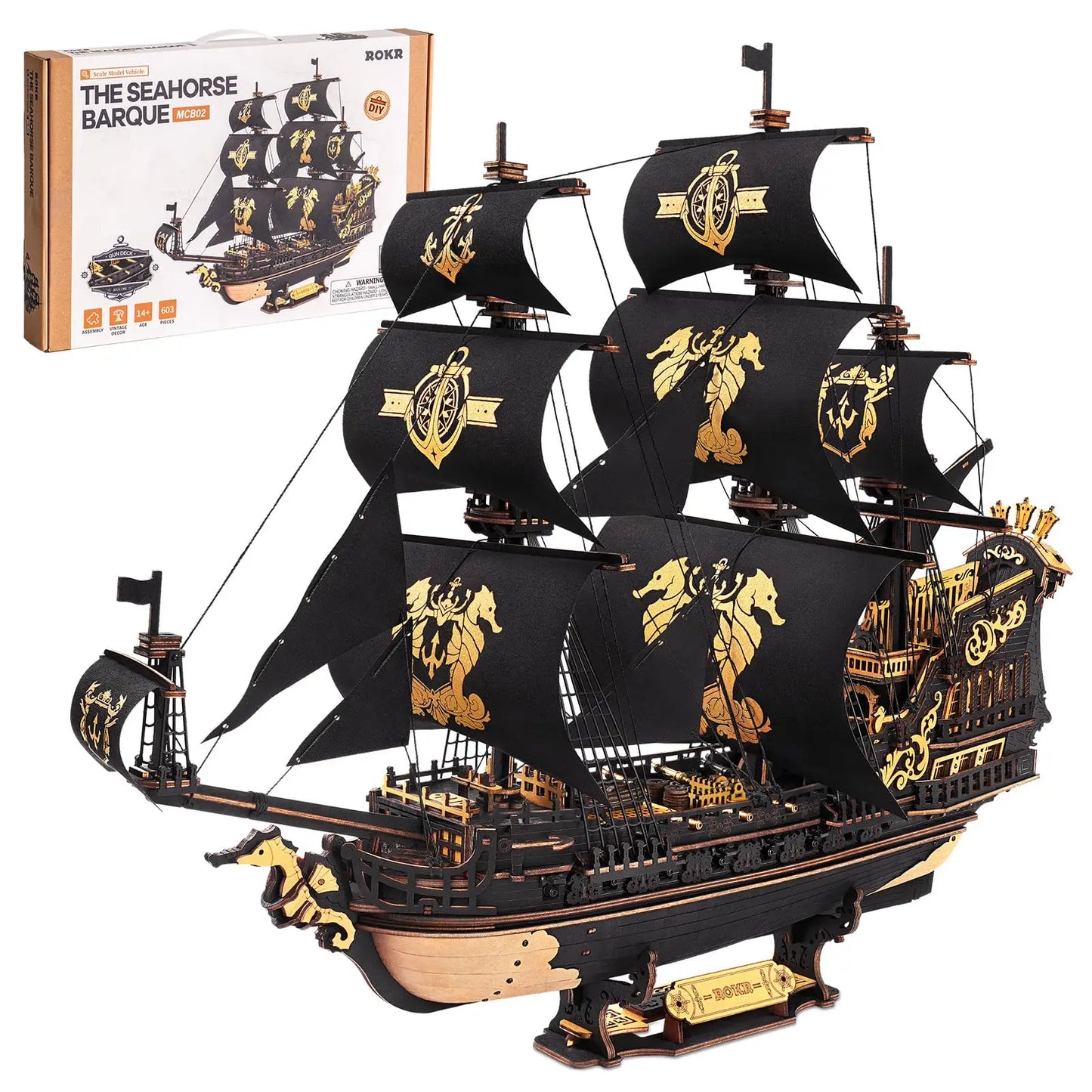 ROBOTIME 3D Wooden Puzzle  Wooden Ship Model Kits for Teens&Adults to Build Home Desk Decoration Gifts (The Seahorse Barque)