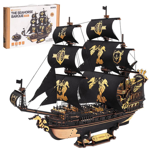 ROBOTIME 3D Wooden Puzzle  Wooden Ship Model Kits for Teens&Adults to Build Home Desk Decoration Gifts (The Seahorse Barque)