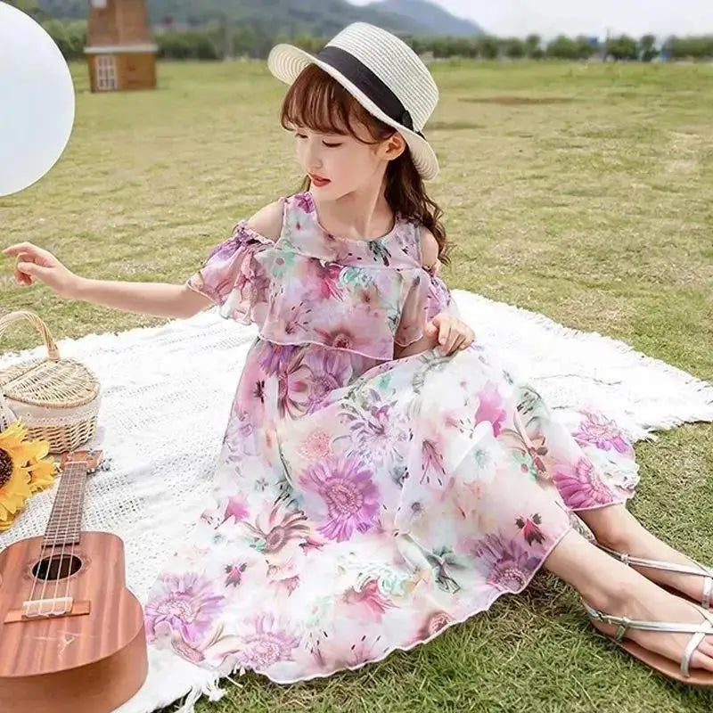 Summer Thin Girl Dress Floral Chiffon Princess Children's Dress Vestidos Summer Girls Casual Dresses Robe Fille Kids Clothes