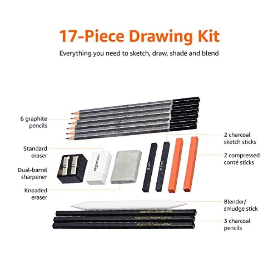 Sketching and Drawing Art Pencil Kit, 17-Piece Set for Artists, Drawing Supplies with Pencils, Charcoal, Erasers, Sharpener for