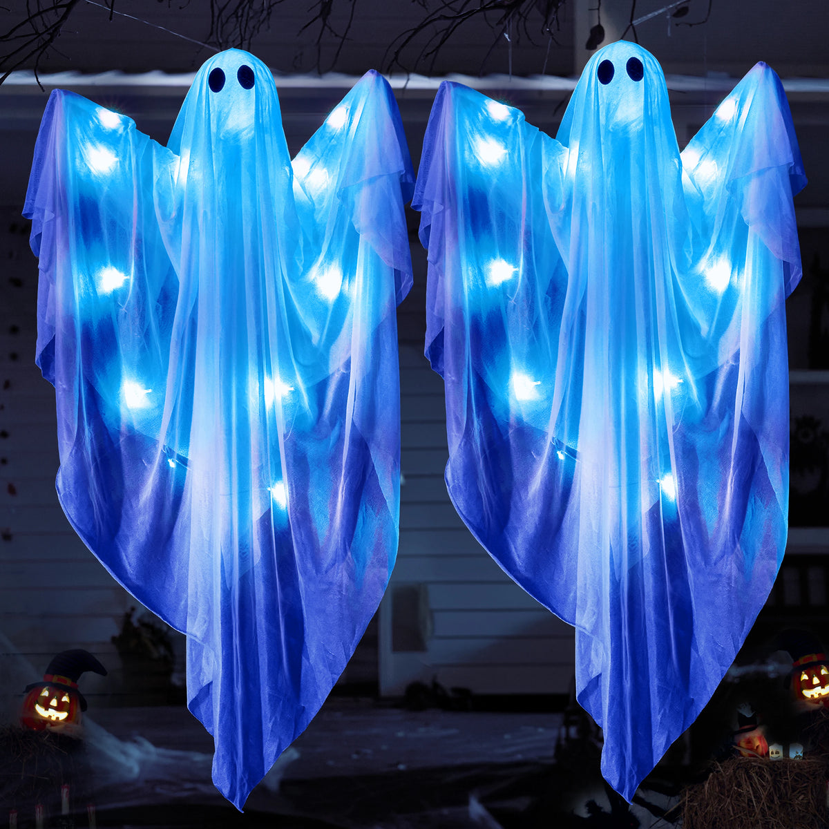 47” Halloween Hanging White Ghost Halloween Hanging Light up Ghost with Spooky Green Blue Purple LED Light  Decoration for Front Yard Patio Lawn Garden Party Decor Indoor Outdoor