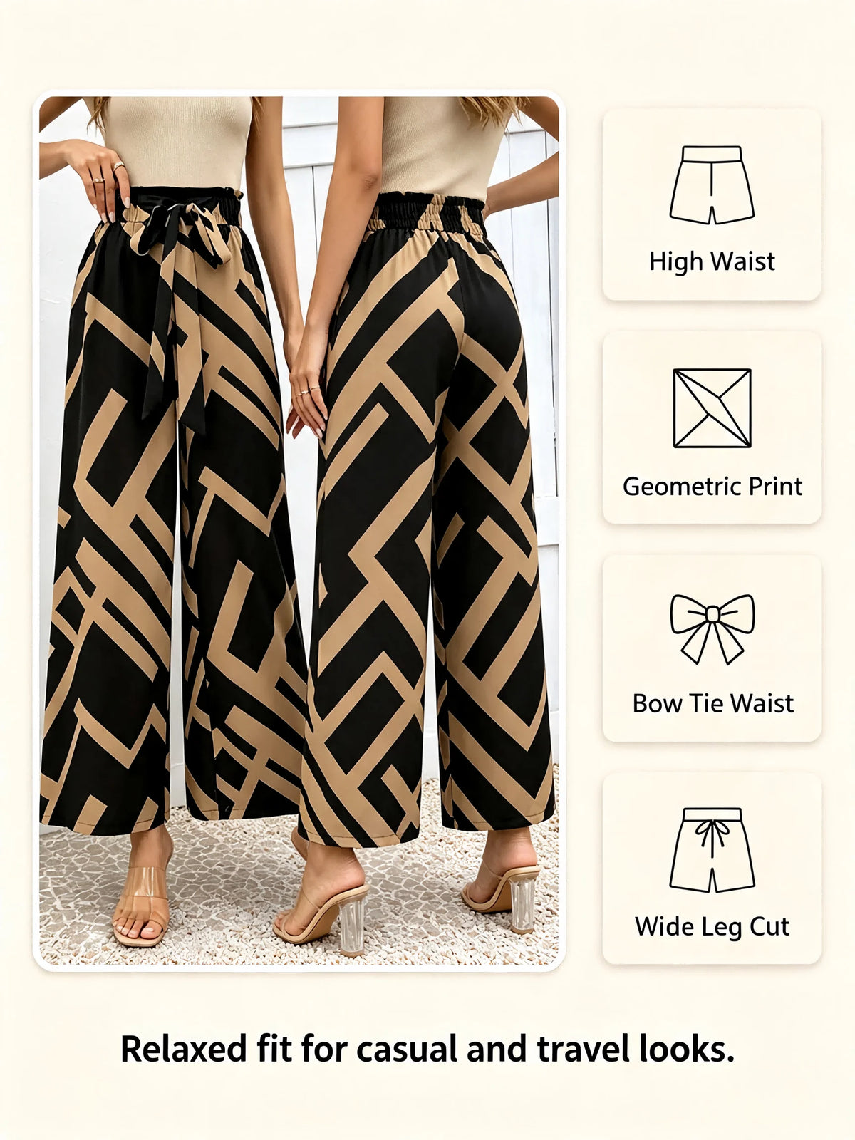 Women's High Waist Geometric Print Wide Leg Pants Bow Tie Casual Long Pants Elegant Streetwear