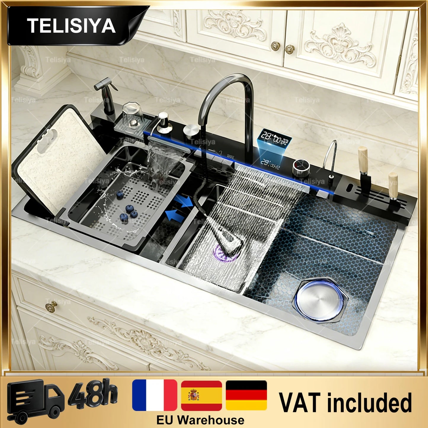 Stainless Steel Kitchen Sink Multifunctional Digital Display Waterfall Large Single Slot Ships from the U.S.