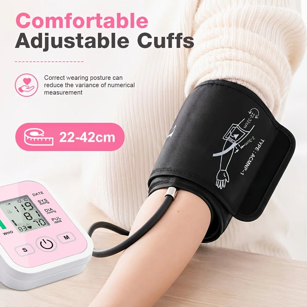 Upper Arm Blood Pressure Monitor Automatic Digital Heart Rate Pulse Meter Sphygmomanometer Tonometer with Large LCD Display Adjustable Cuff 22-42cm Dual Users Home Health Care Devices Support Type-C USB/AAA Battery Powered Sm