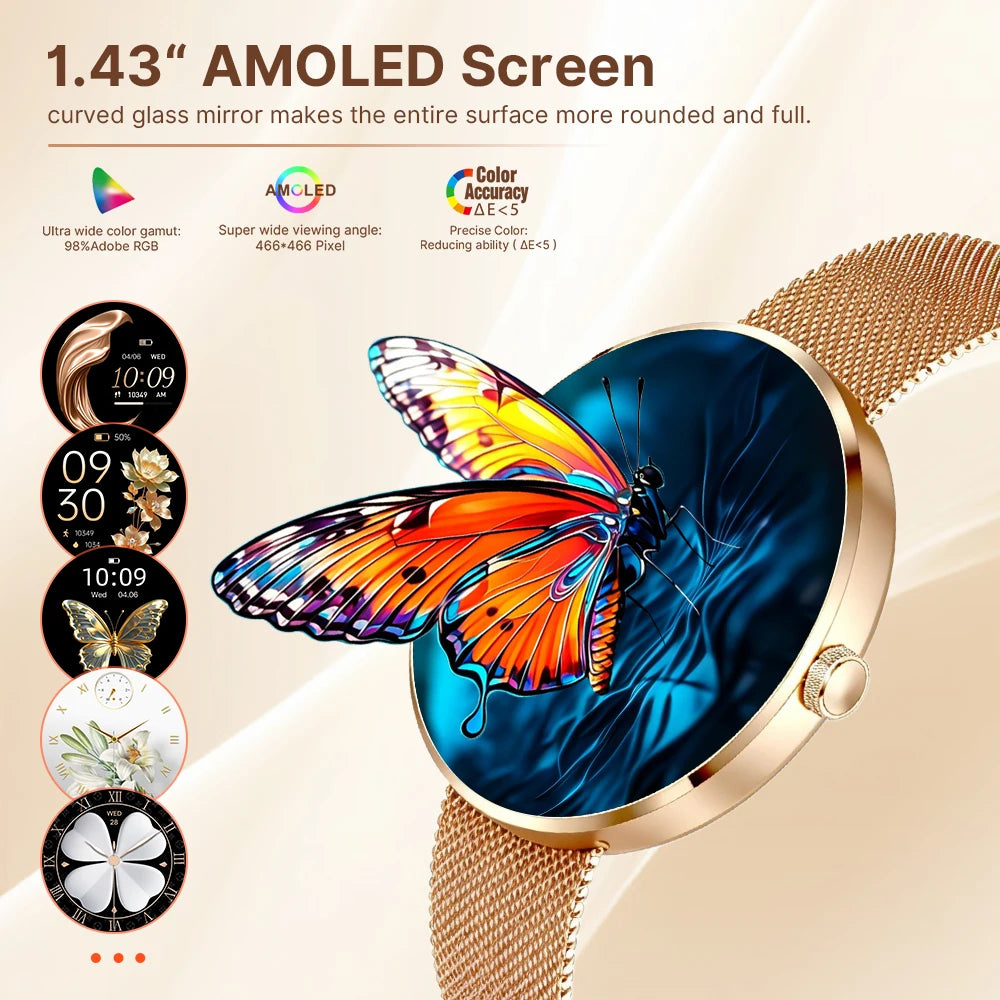 MEVADEN 1.43" AMOLED Screen Women Smart Watch 8.5mm Ultra-thin Stainless Steel Luxury Smartwatch Health Monitor Sport Watch H33