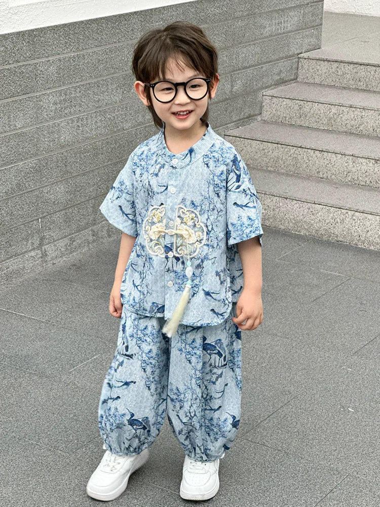 Fashion Baby Tang Costume Tops Pants Two-piece Set Boy Outfit Casual Children's Sets Summer Tweens Boys Hanfu Suit Kids Clothing