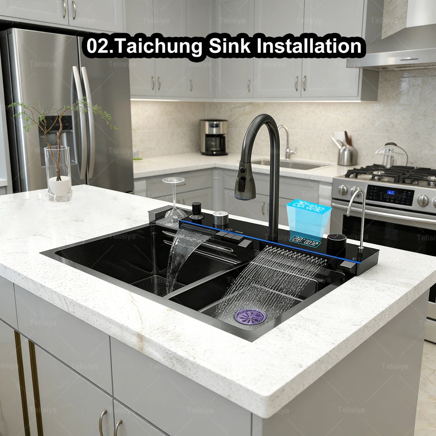 Stainless Steel Kitchen Sink Multifunctional Digital Display Waterfall Large Single Slot Ships from the U.S.