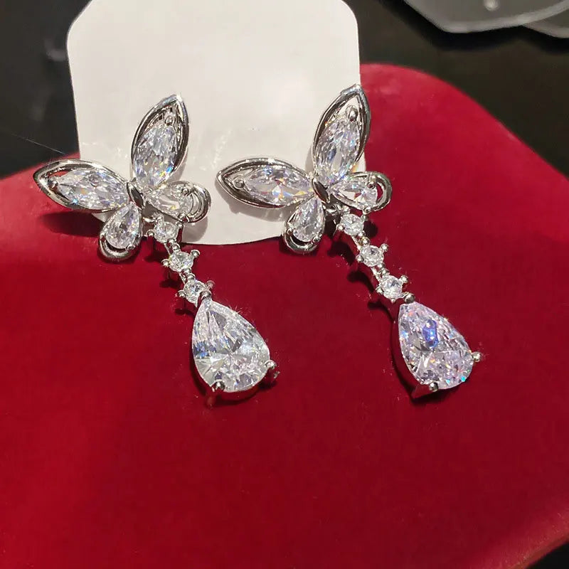 OXTAO Sweet Butterfly-Style Moissanite&CZ Earrings for Women Girl Lab Imitation Diamond Tassels Drop Earrings Jewelry Gifts 14K Gold Filled