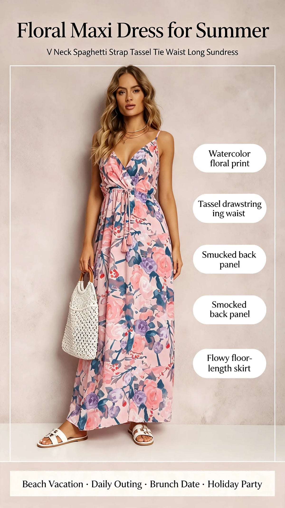 Women Watercolor Floral Print Maxi Dress V Neck Spaghetti Strap Tassel Tie Waist Smocked Back Summer Beach Holiday Casual Long Sundress