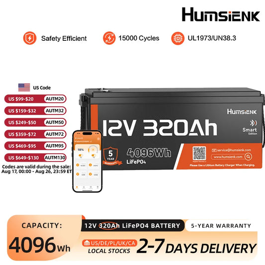 Humsienk 12V 320Ah Rechargeable Lithium Battery, Capacity 4096Wh, Built-in Bluetooth & 250A BMS, 15000+ Deep Cycle & 12V LiFePO4 Battery For RV, Van, Golf Cart, Boat, Camper, Marine, Trolling Motor, Off-Grid, Solar Energy Sto