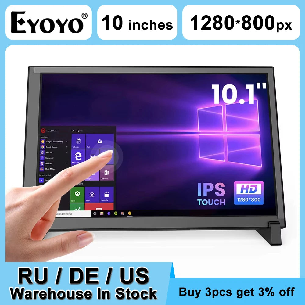 EYOYO Driver-free 10-point Capacitive Touchscreen Monitor 1280x800PX 10-inch Raspberry Pi Display For Laptop PC Win 7/8/10