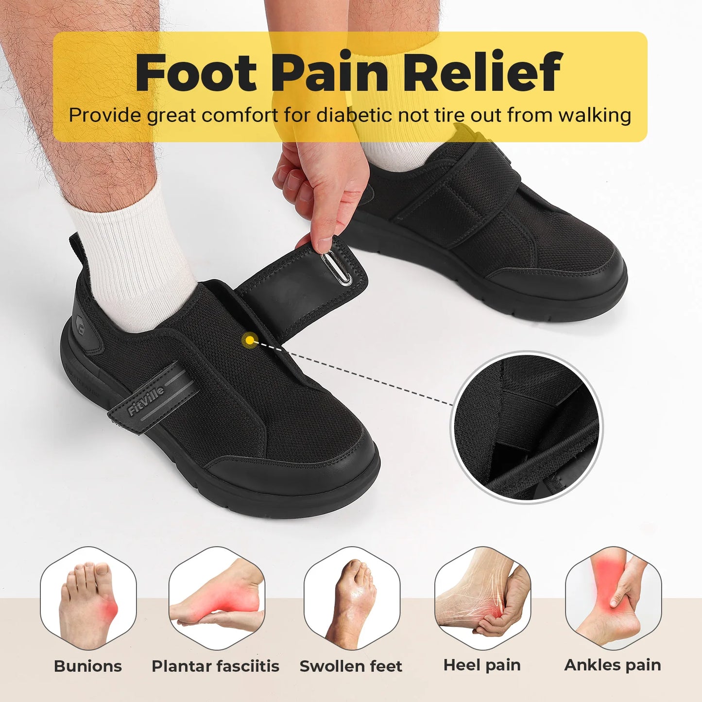 FitVille Diabetic Shoes for Men Extra Wide Hook and Loop Walking Shoes for Elderly for Swollen Feet Foot Pain Relief Neuropathy
