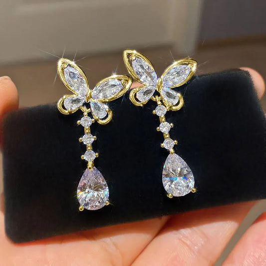 OXTAO Sweet Butterfly-Style Moissanite&CZ Earrings for Women Girl Lab Imitation Diamond Tassels Drop Earrings Jewelry Gifts 14K Gold Filled