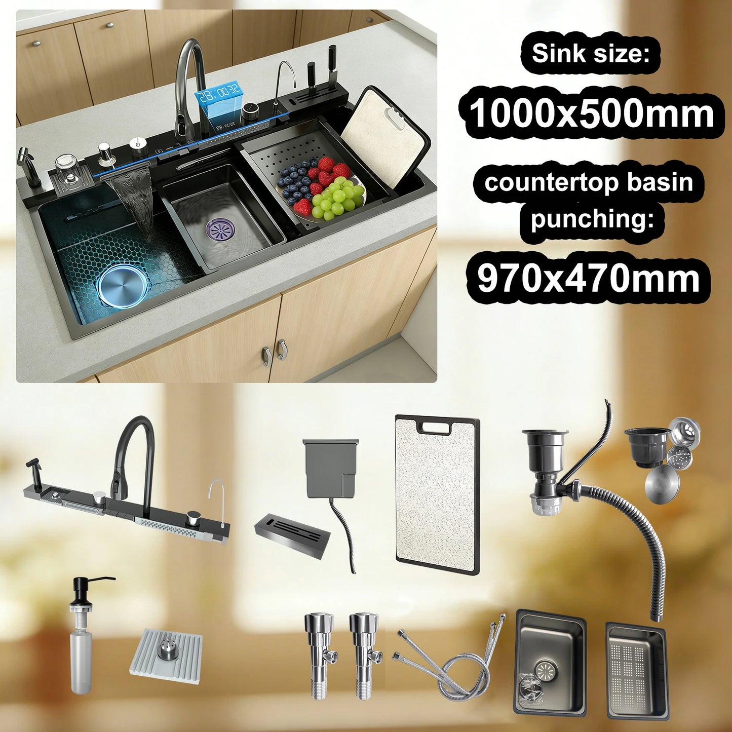 Stainless Steel Kitchen Sink Multifunctional Digital Display Waterfall Large Single Slot Ships from the U.S.